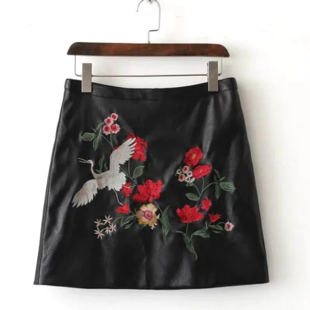 Zara Embroidered Black Mini Skirt with Floral & Crane Detail